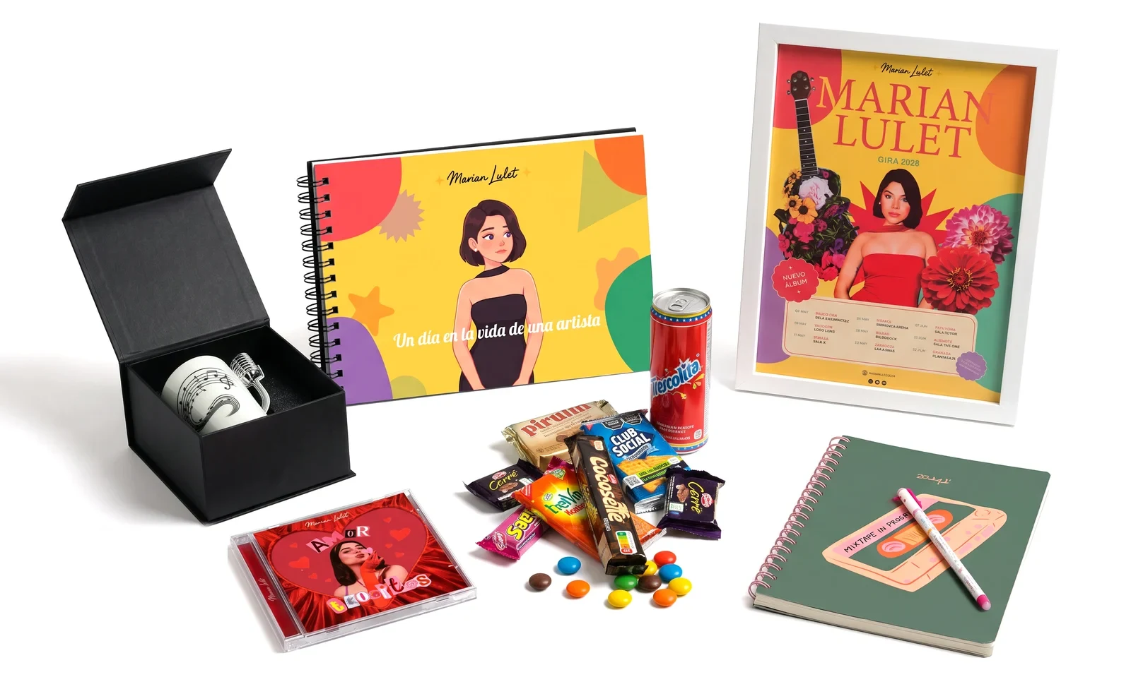 Un libro Gift Stories a medida junto a sus cinco regalos: taza, disco, snacks, cuaderno y cartel