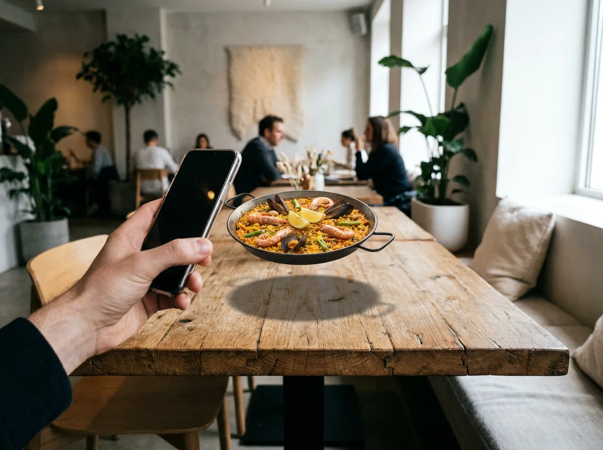 Un plato en realidad aumentada sobre la mesa, visto desde el móvil