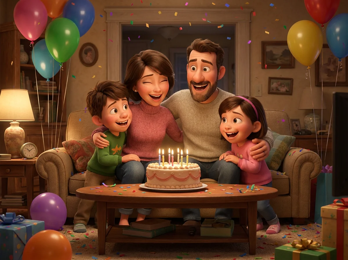 Ilustración de una familia en dibujos animados celebrando un cumpleaños