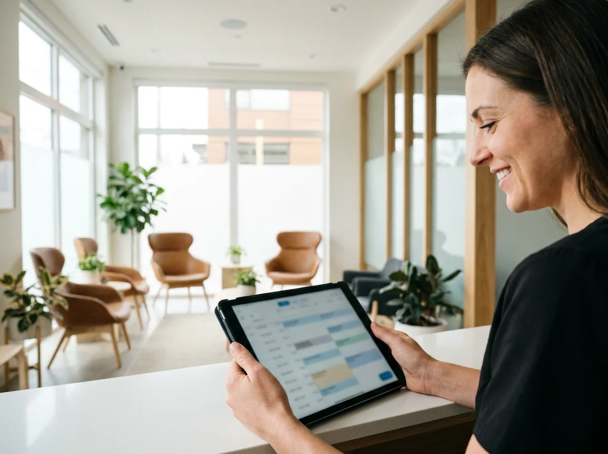 La recepción consulta la agenda de citas en la tablet
